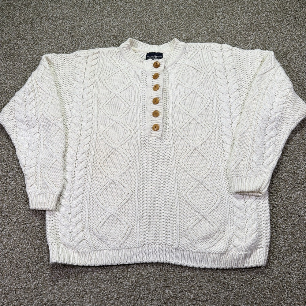 Vintage Ivory Cable Knit Sweater Henley Size Medium 90s Pullover Excellent